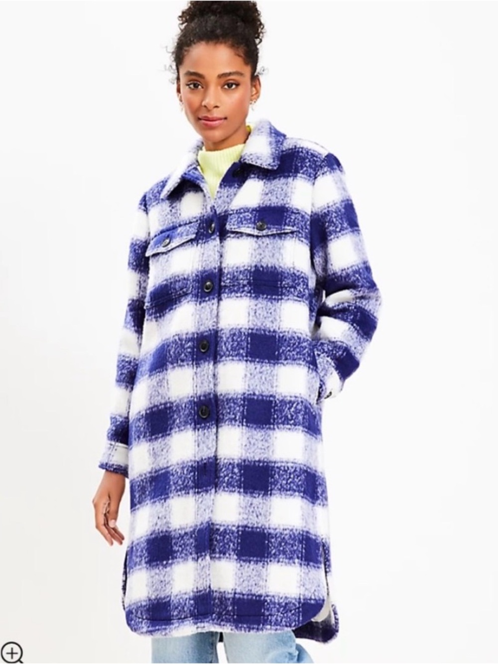 LOFT Blue and White Plaid Long Shacket Coat